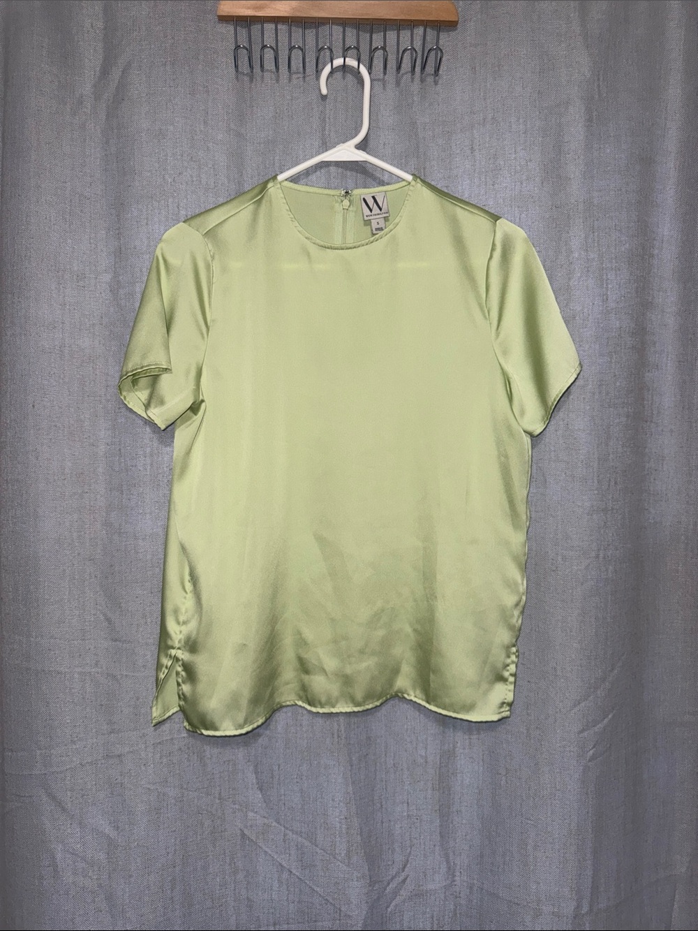 Worthington Round Neck Short Sleeve Green Satin Blouse